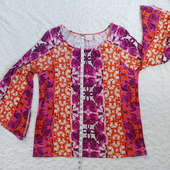 Chico's Mystic Batik Print Flare-Sleeve Top Orange Purple - Size 12 (2) - Picture 7 of 12